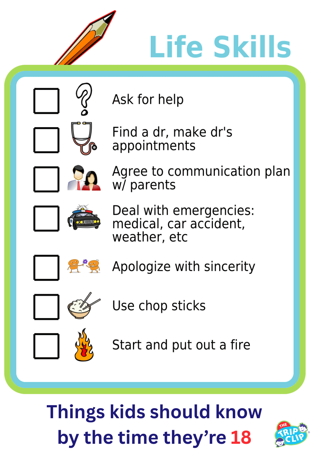 Picture checklists showing 7 life skills for 18-year-olds