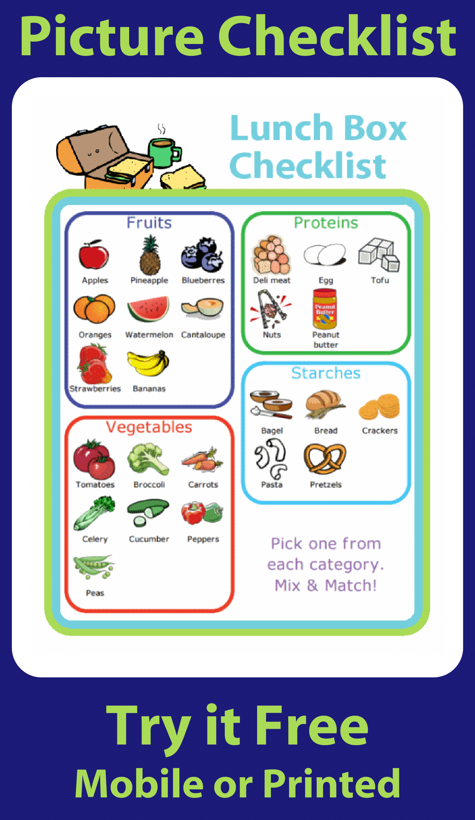 Picture checklist organized by food categories to help kids pack their own healthy lunch