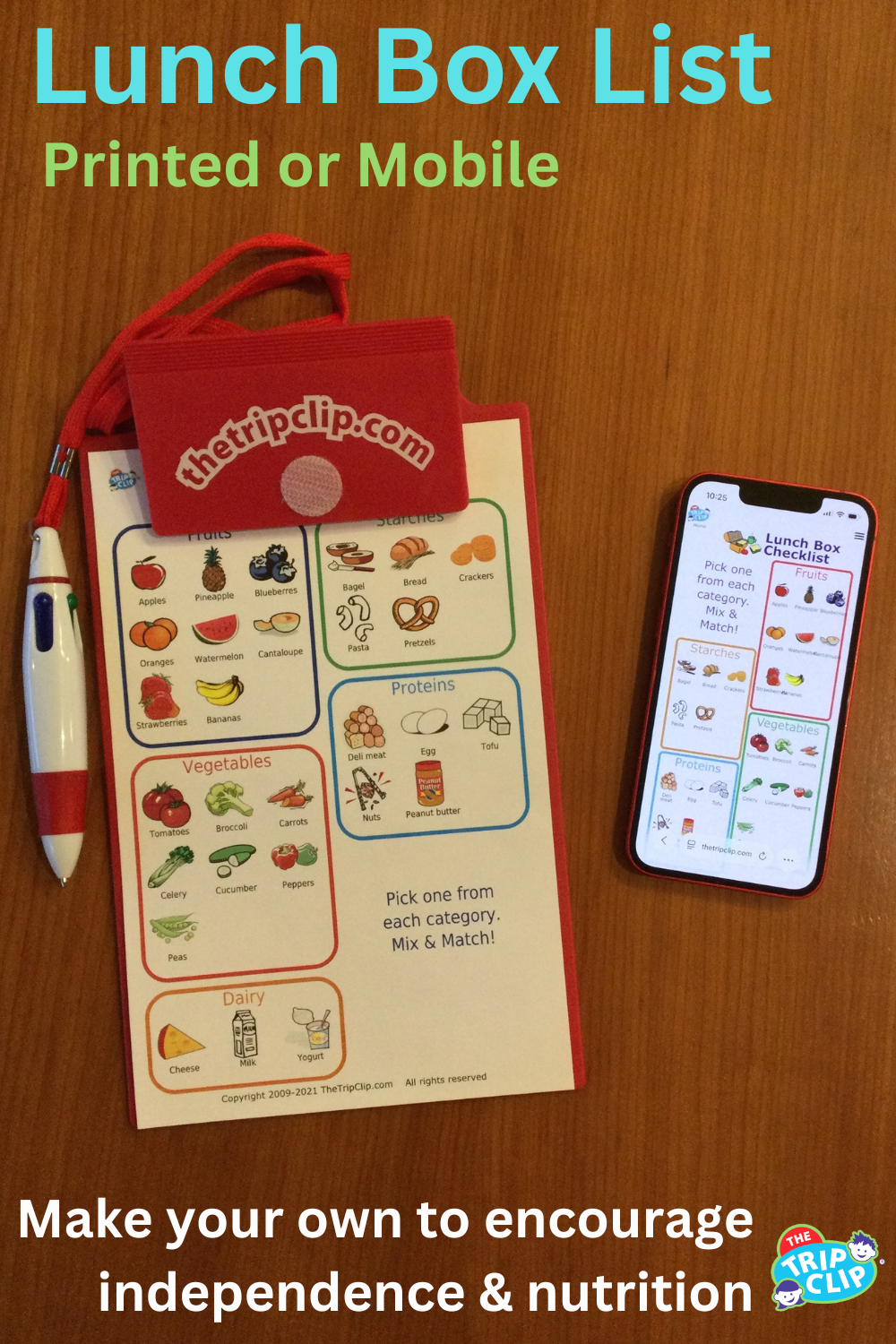 Picture checklist organized by food categories to help kids pack their own healthy lunch. Shown on a clipboard and phone.