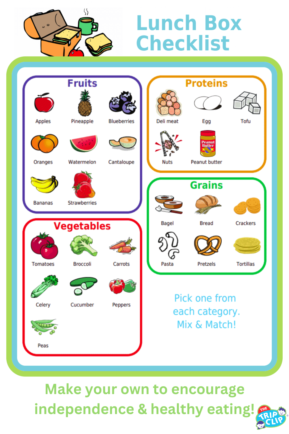 Picture checklist organized by food categories to help kids pack their own healthy lunch
