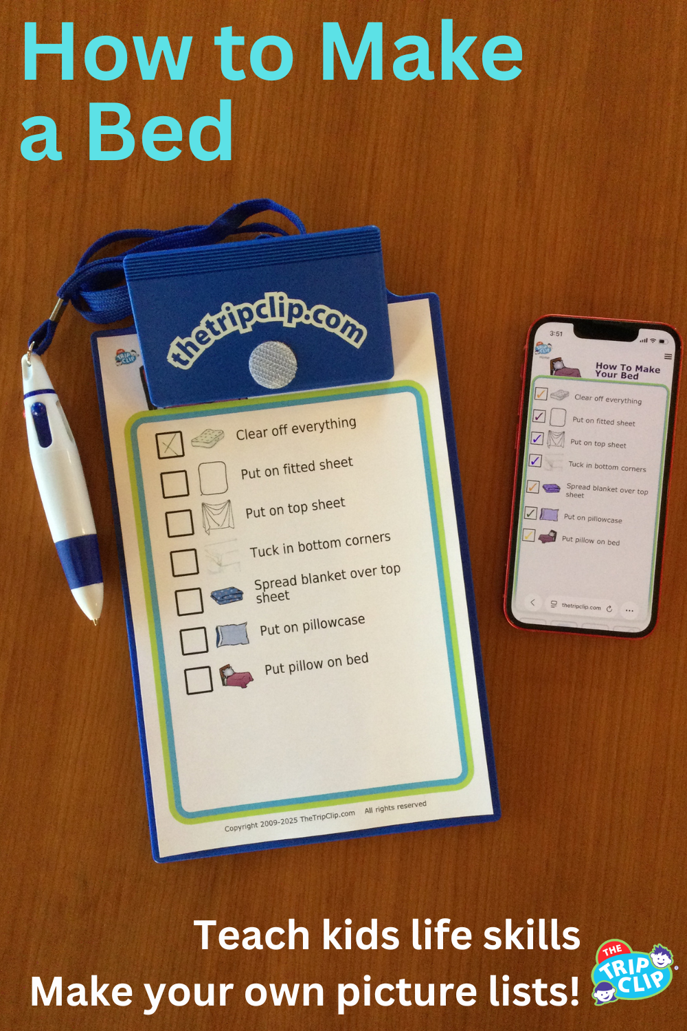 Picture checklist to teach kids how to make their bed, shown on clipboard and iPhone