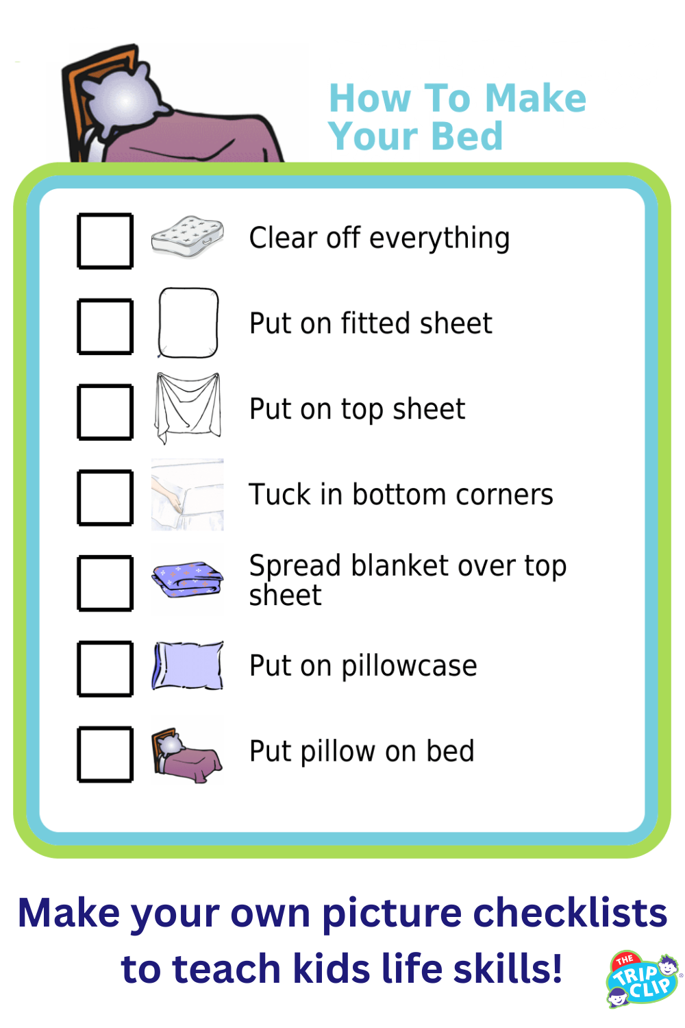 Picture checklist to teach kids how to make their bed