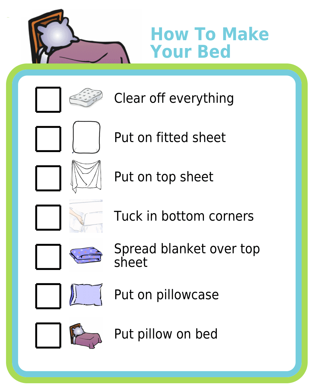 Picture checklist to teach kids how to make their bed