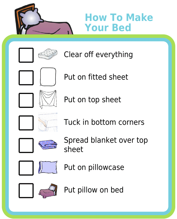 Picture checklist to teach kids how to make their bed