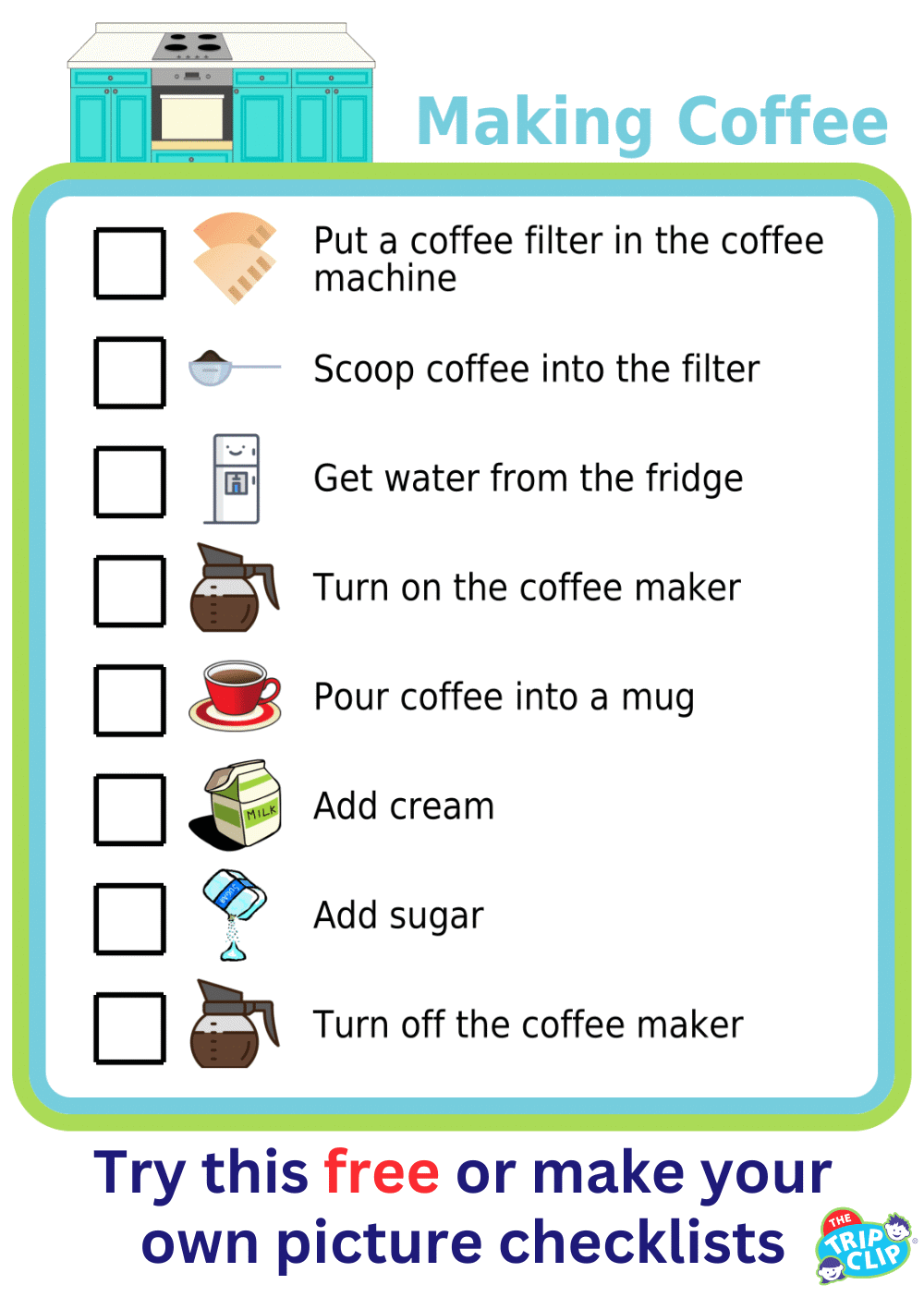 A picture checklist showing steps for making coffee