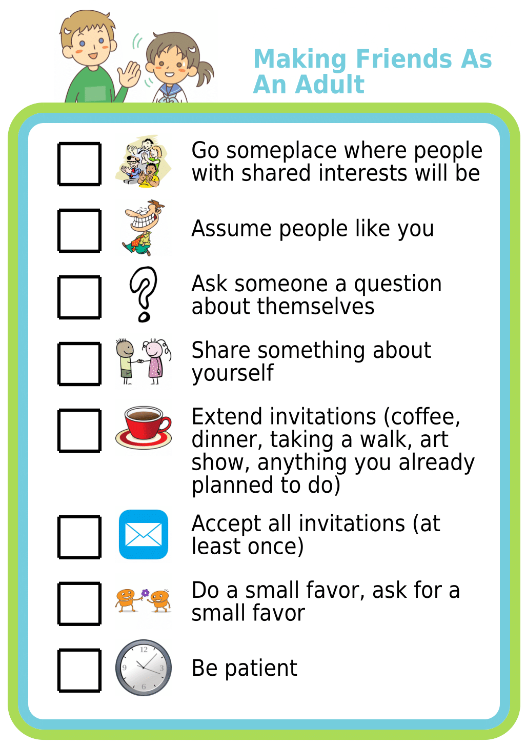 Picture checklist for how adults can work on making friends