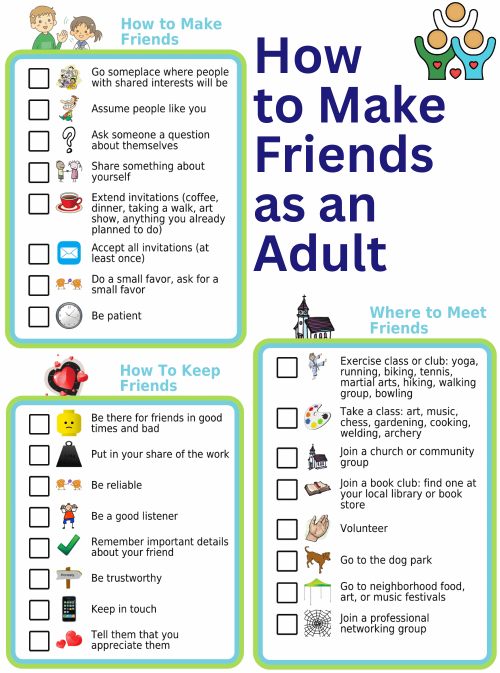 Picture checklists to teach about how to make friends - where to meet them, how to get started, how to keep them