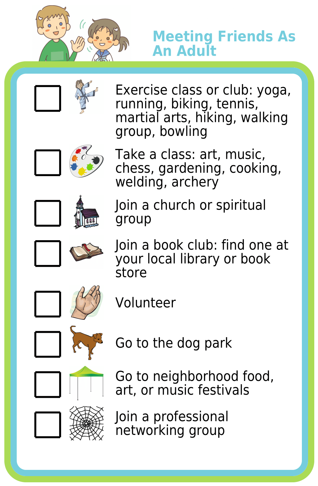 Picture checklists with ideas for where adults can meet friends.