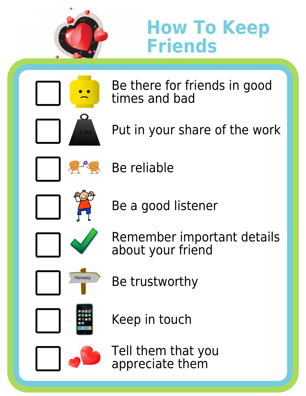 Picture checklists for how to keep friends