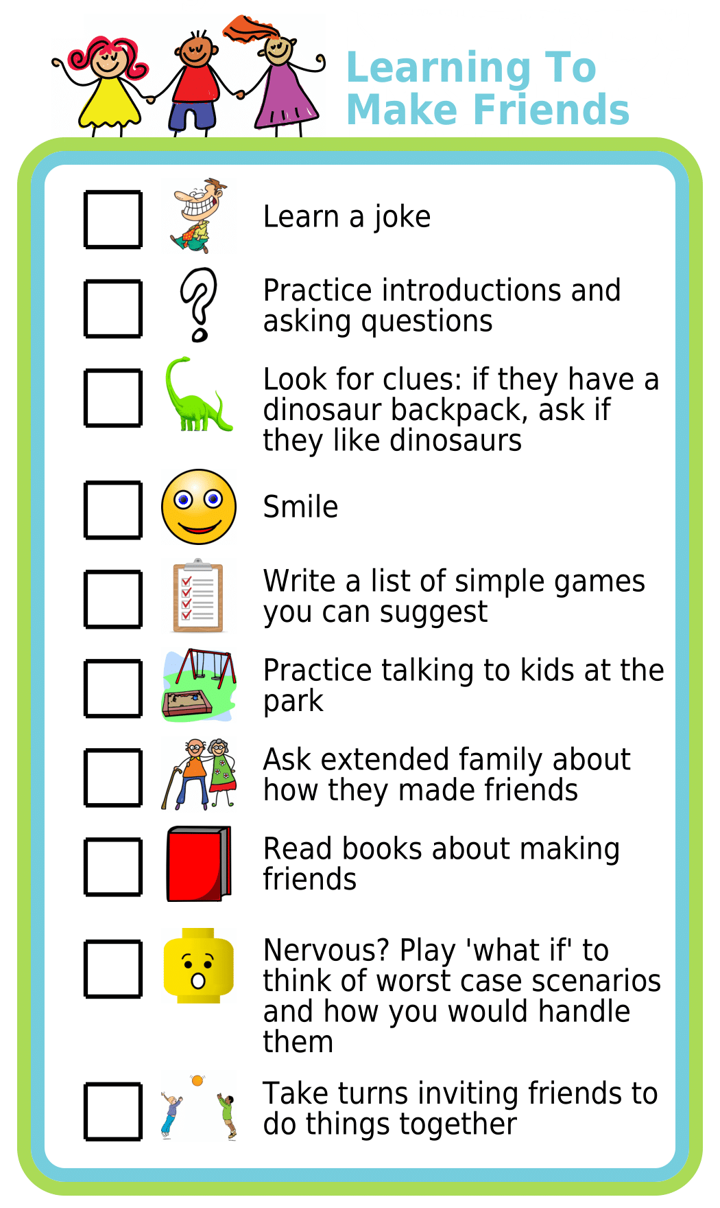 Picture checklists to practice making new friends