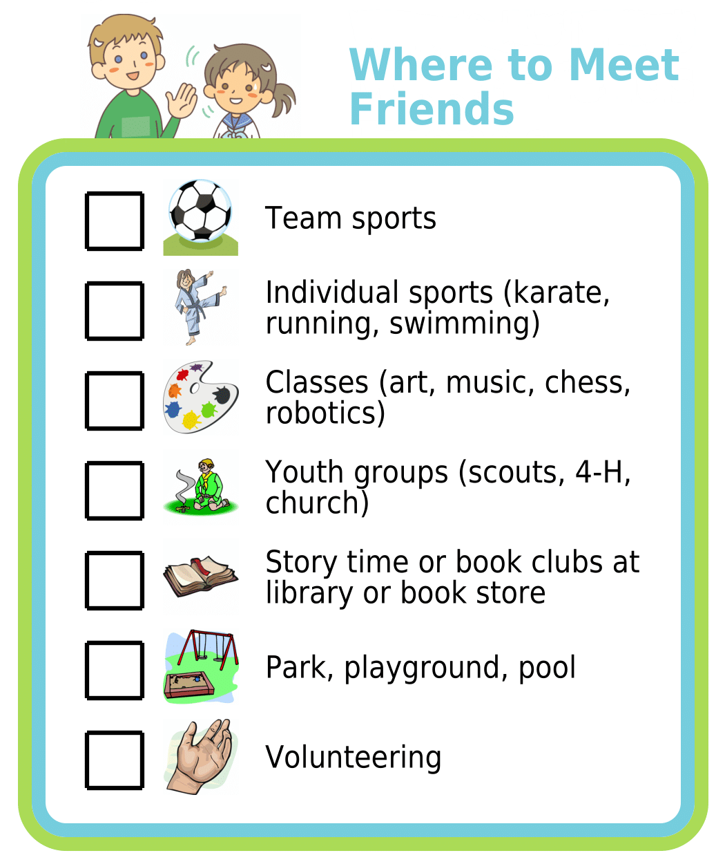 Picture checklists to teach about where to meet friends