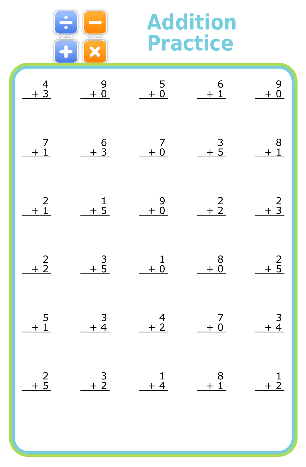 Half sheet of paper showing 30 1-digit addition problems with no carrying