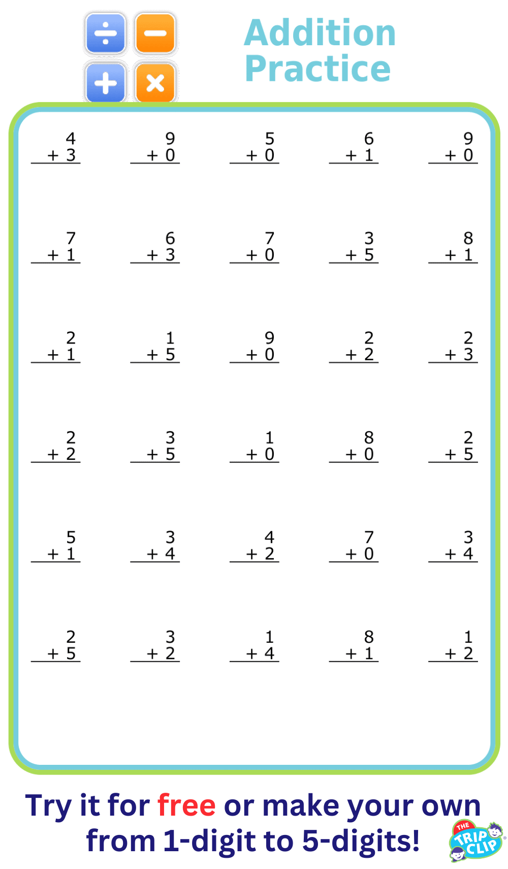 Half sheet of paper showing 30 1-digit addition problems with no carrying