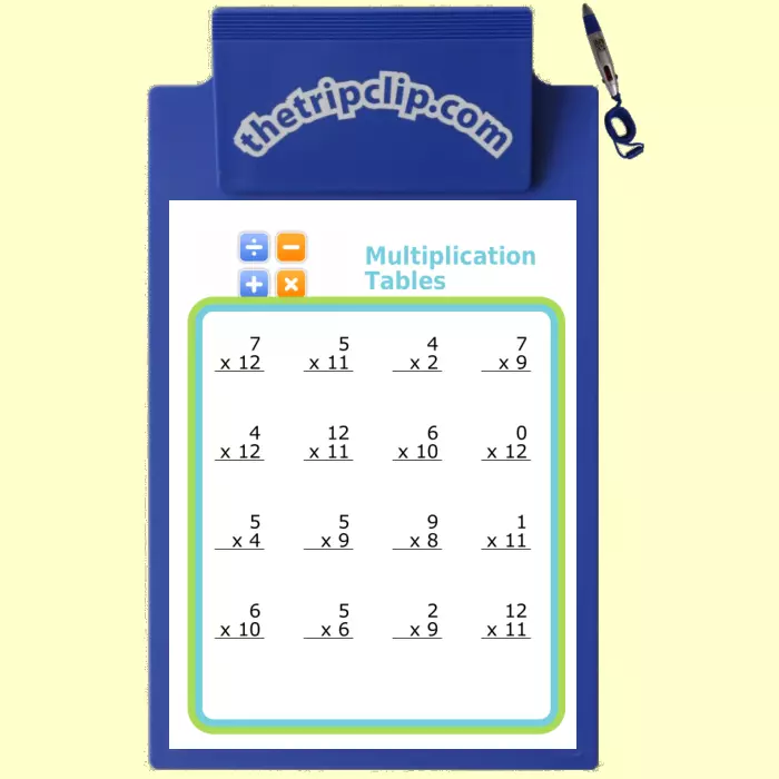 Printable math activity on a kid-sized clipboard with attached pen