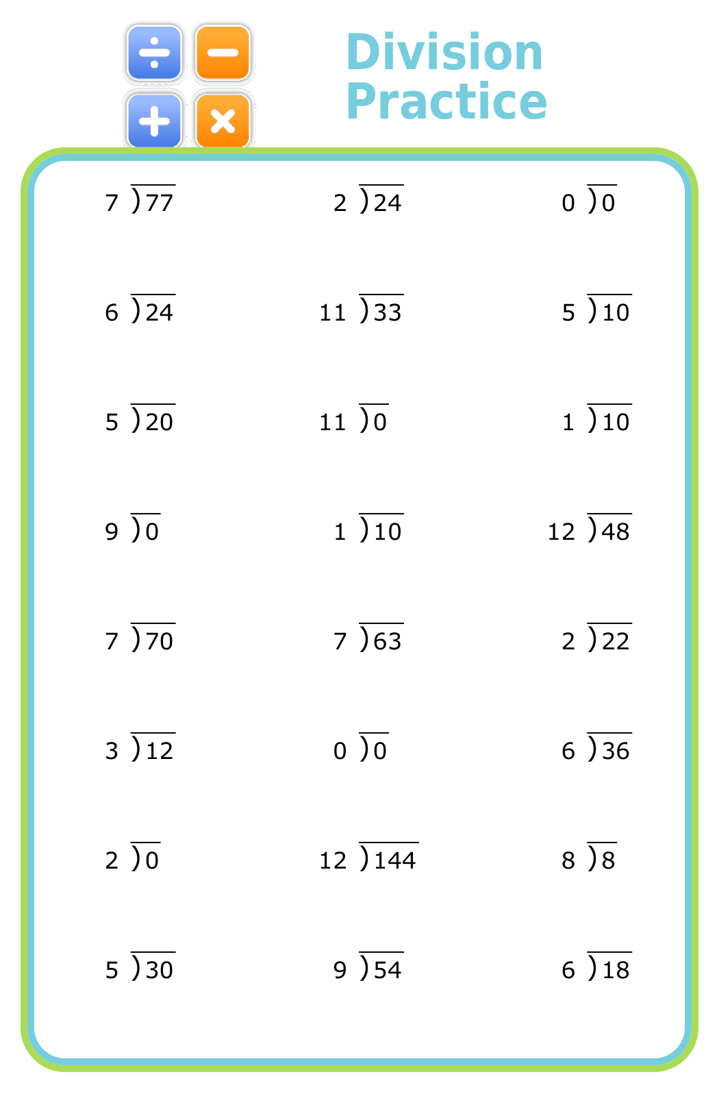 Half sheet of paper showing 24 division problems