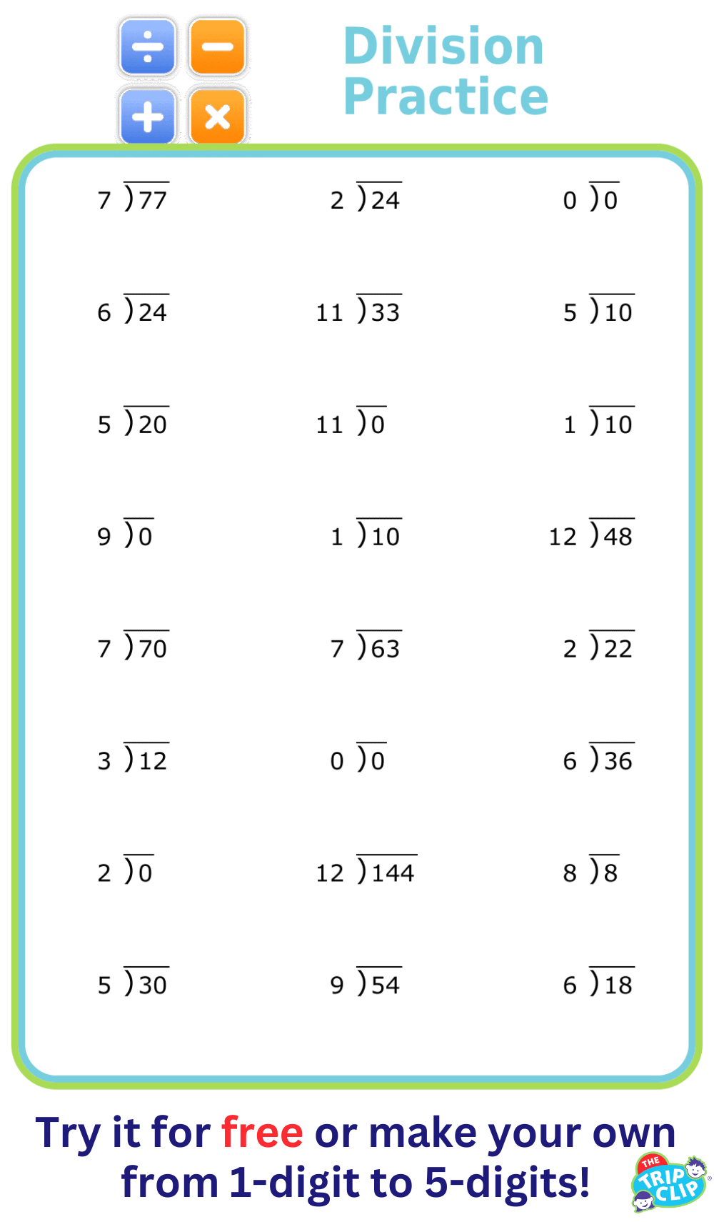Half sheet of paper showing 24 division problems