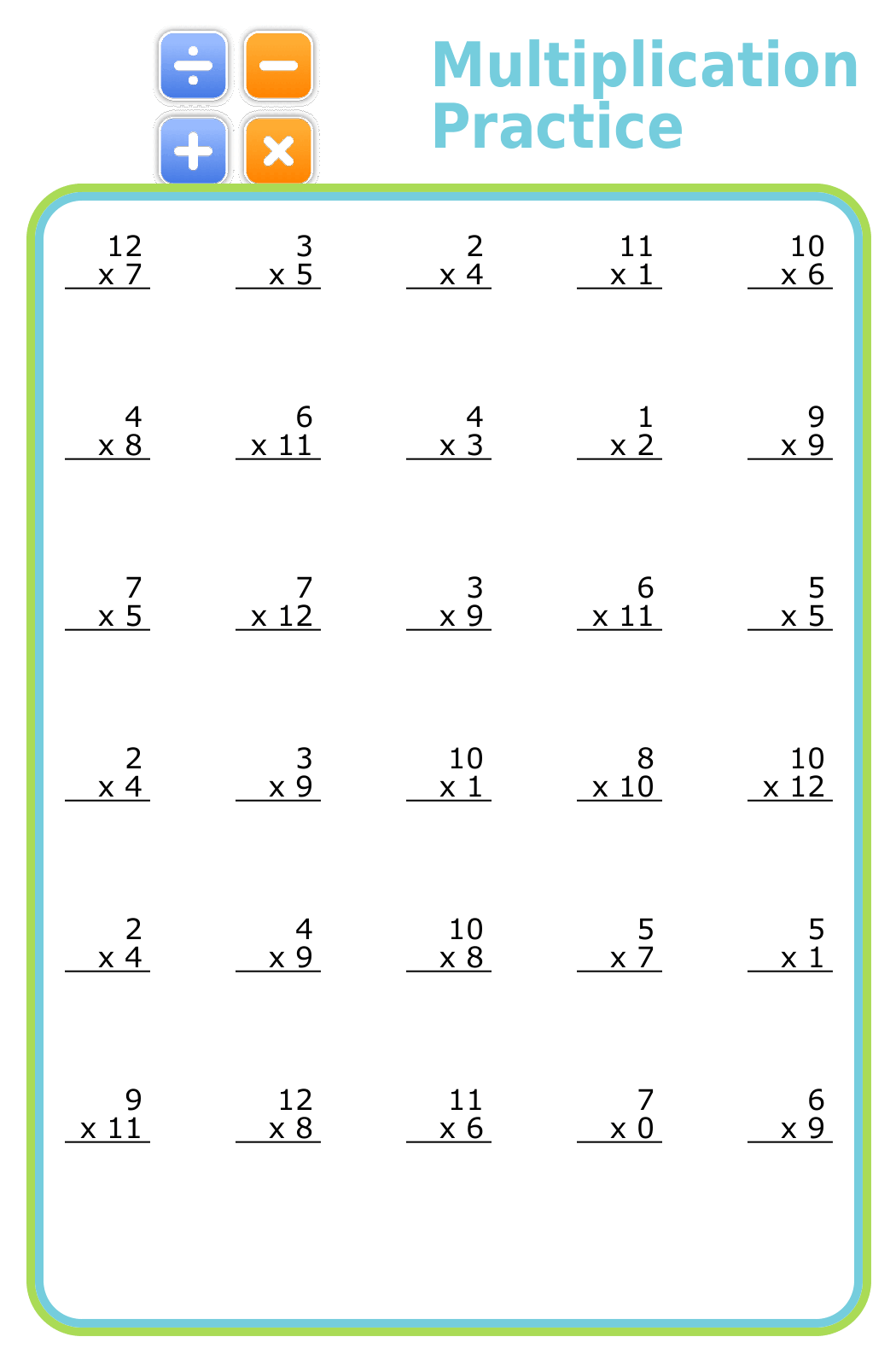 Half sheet of paper showing 30 multiplication problems