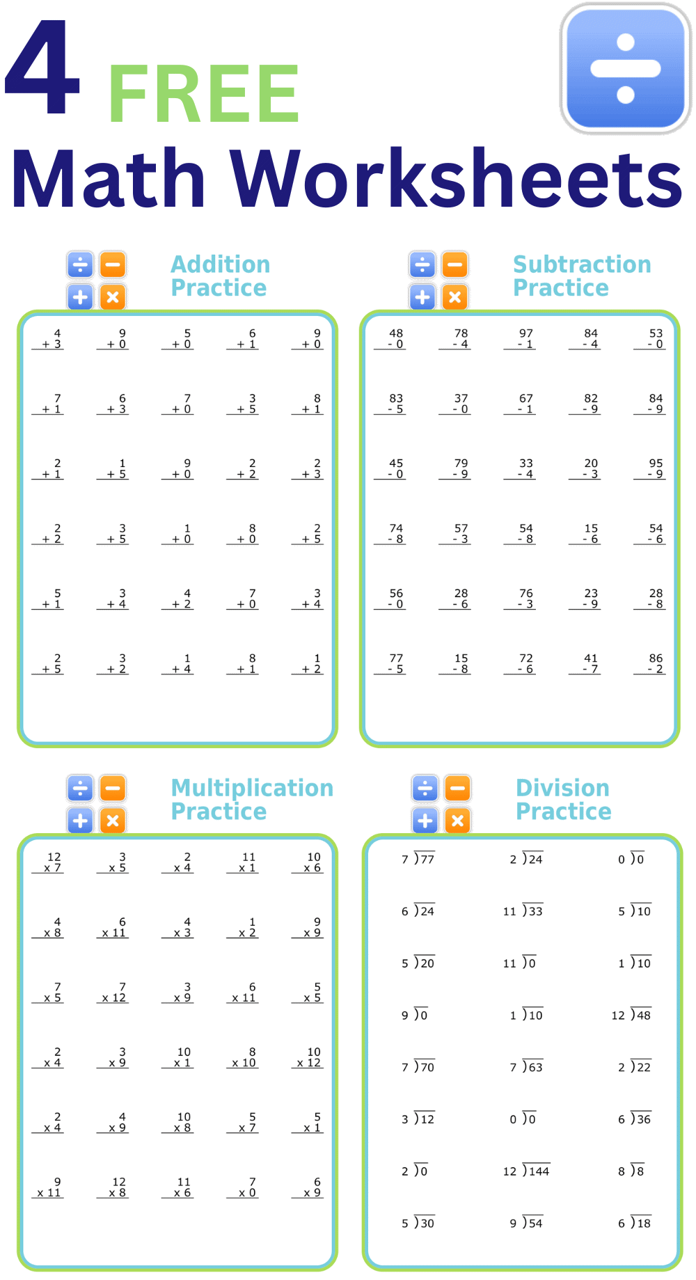 Addition, subtraction, multiplication, and division worksheets for math practice at your child’s level