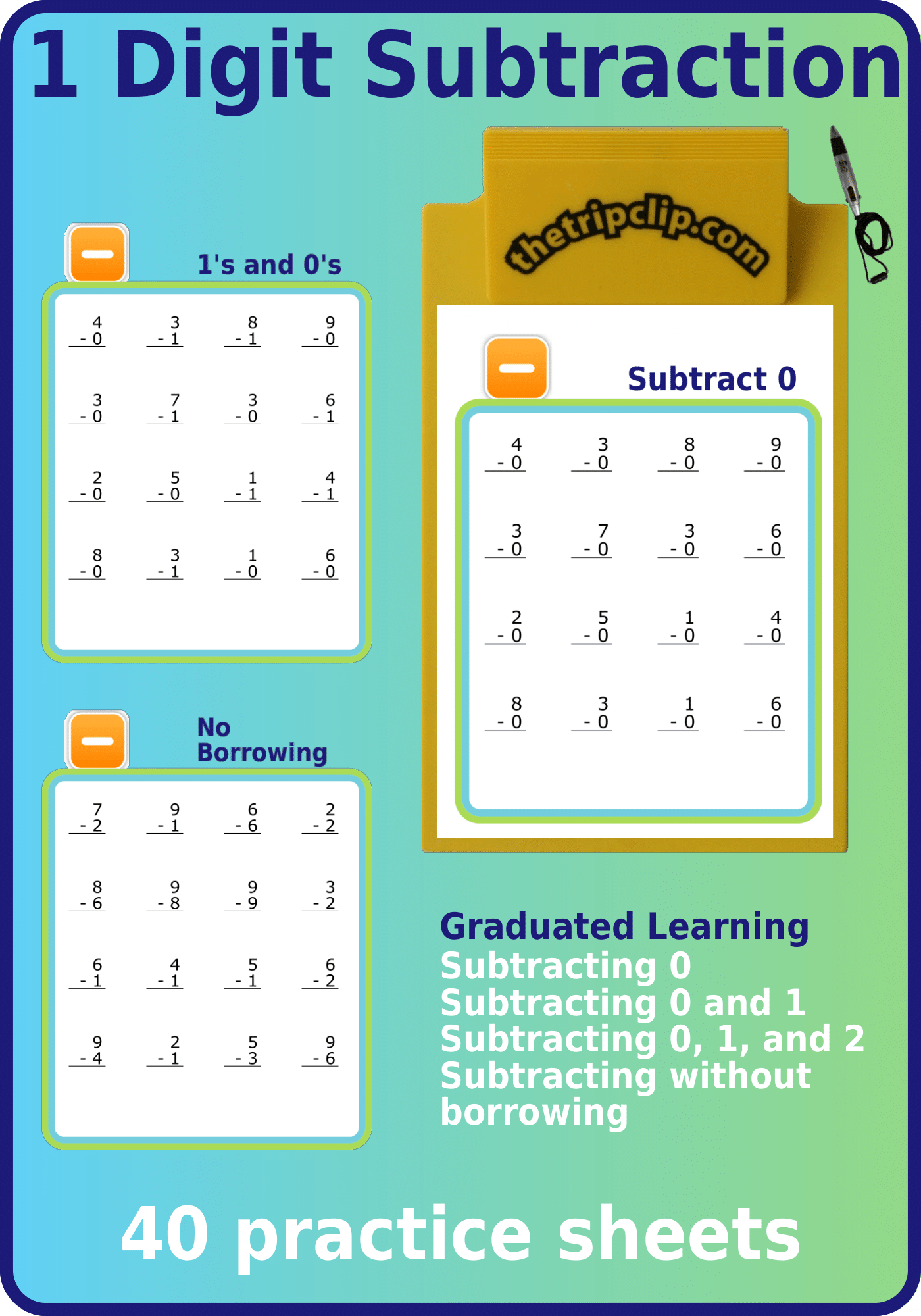 40 math subtraction sheets subtracting 0s, 1s, no borrowing