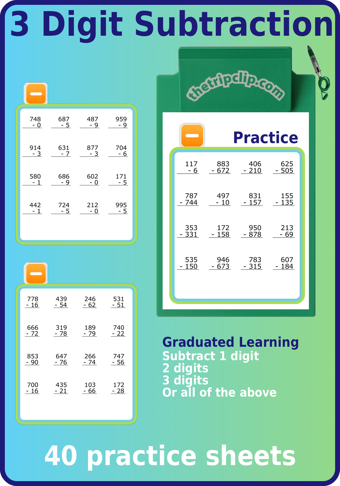 40 math practice sheets adding 1, 2, and 3 digit numbers 4om 3 digit numbers