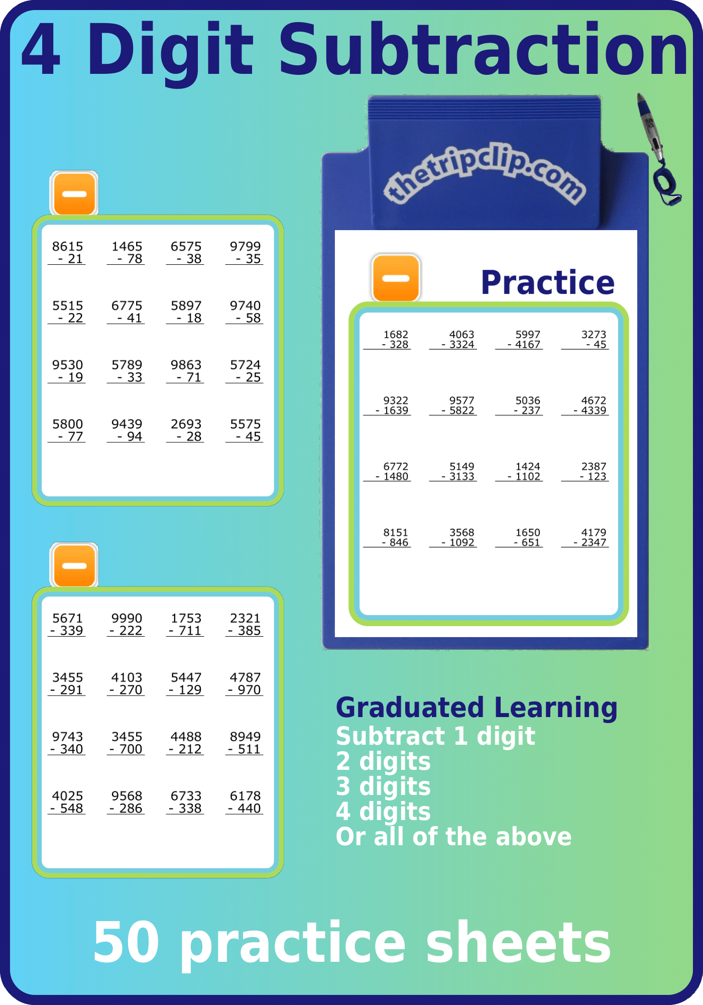 50 math practice sheets subtracting 1, 2, 3, and 4 digit numbers from 4 digit numbers