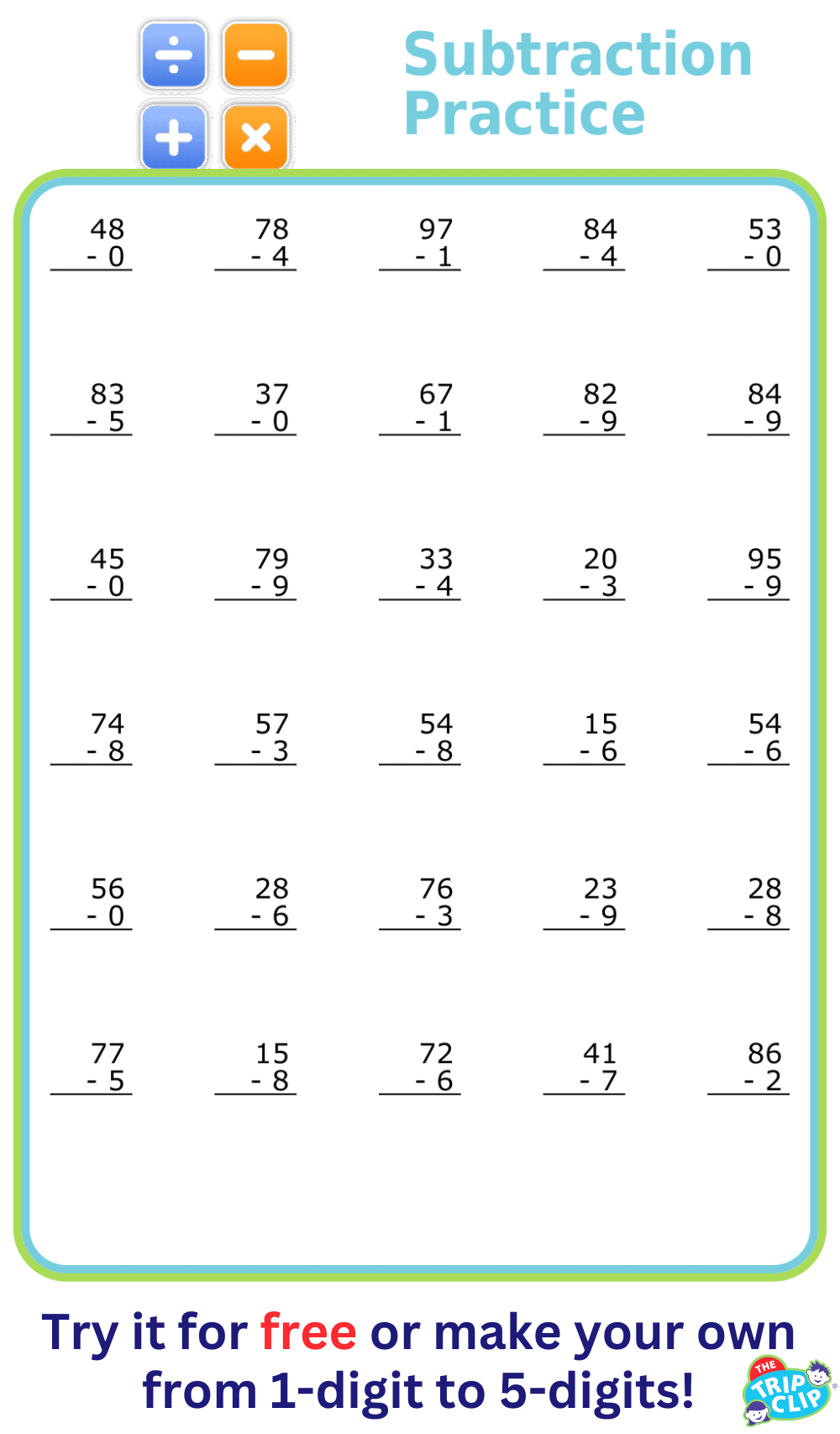 Half sheet of paper showing 30 2-digit minus 1-digit subtractions problems with borrowing