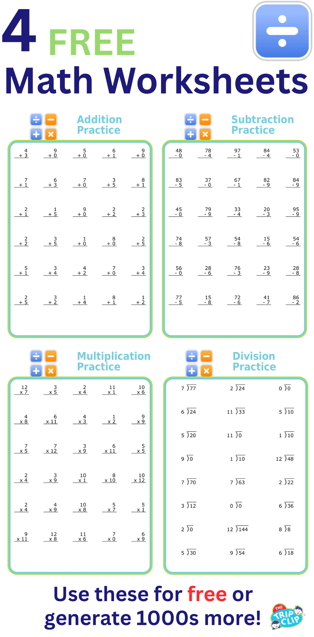 Addition, subtraction, multiplication, and division worksheets for math practice at your child’s level
