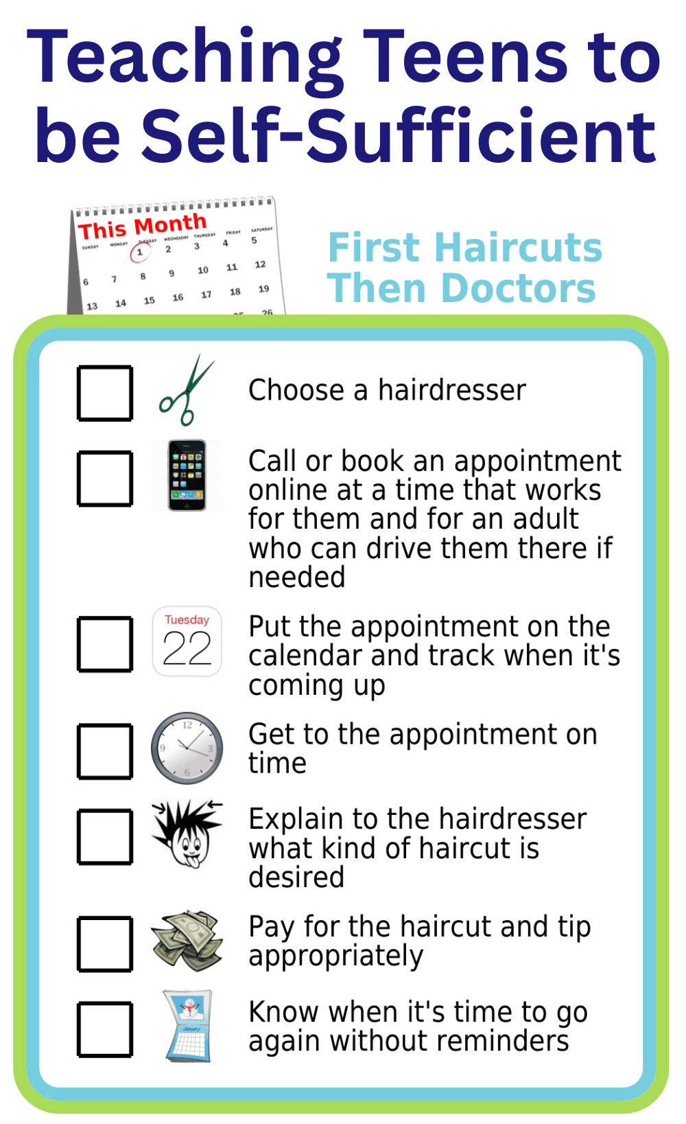 Picture checklist to teach kids to show kids all the steps in making a haircut appointment