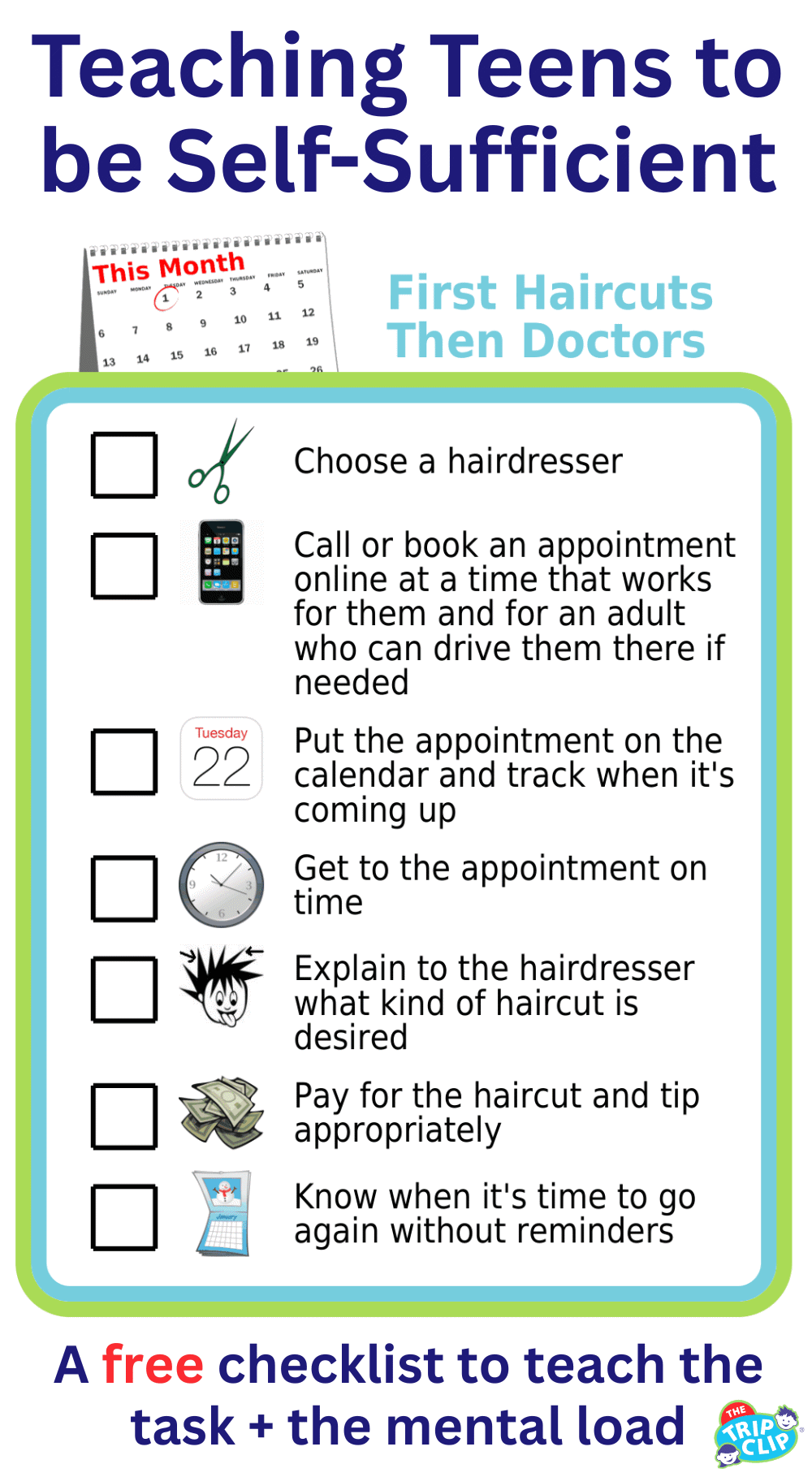 Picture checklist to teach kids to show kids all the steps in making a haircut appointment