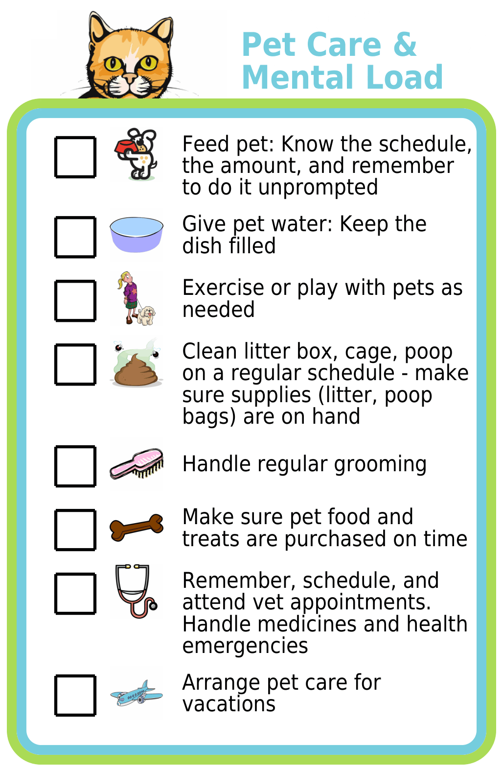 Picture checklist to teach kids about the work and mental load involved in pet care