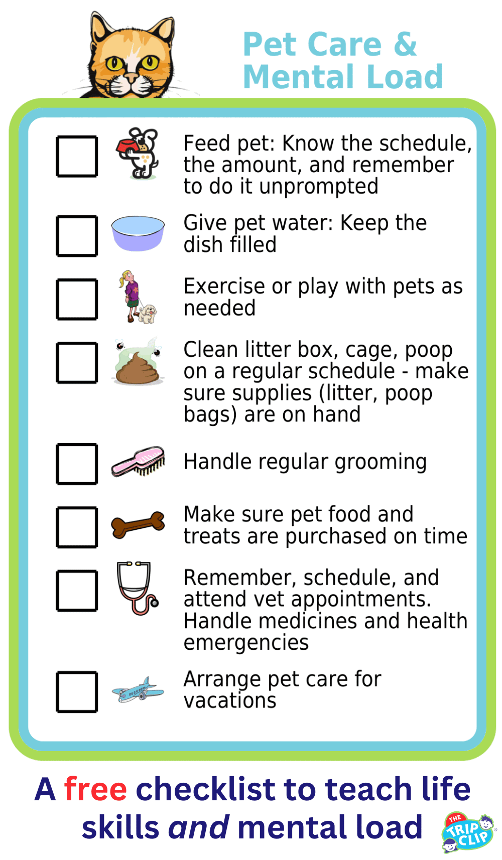 Picture checklist to teach kids about the work and mental load involved in pet care