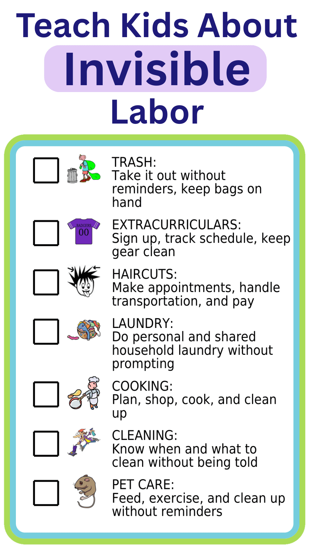Picture checklist for how to teach kids about mental load