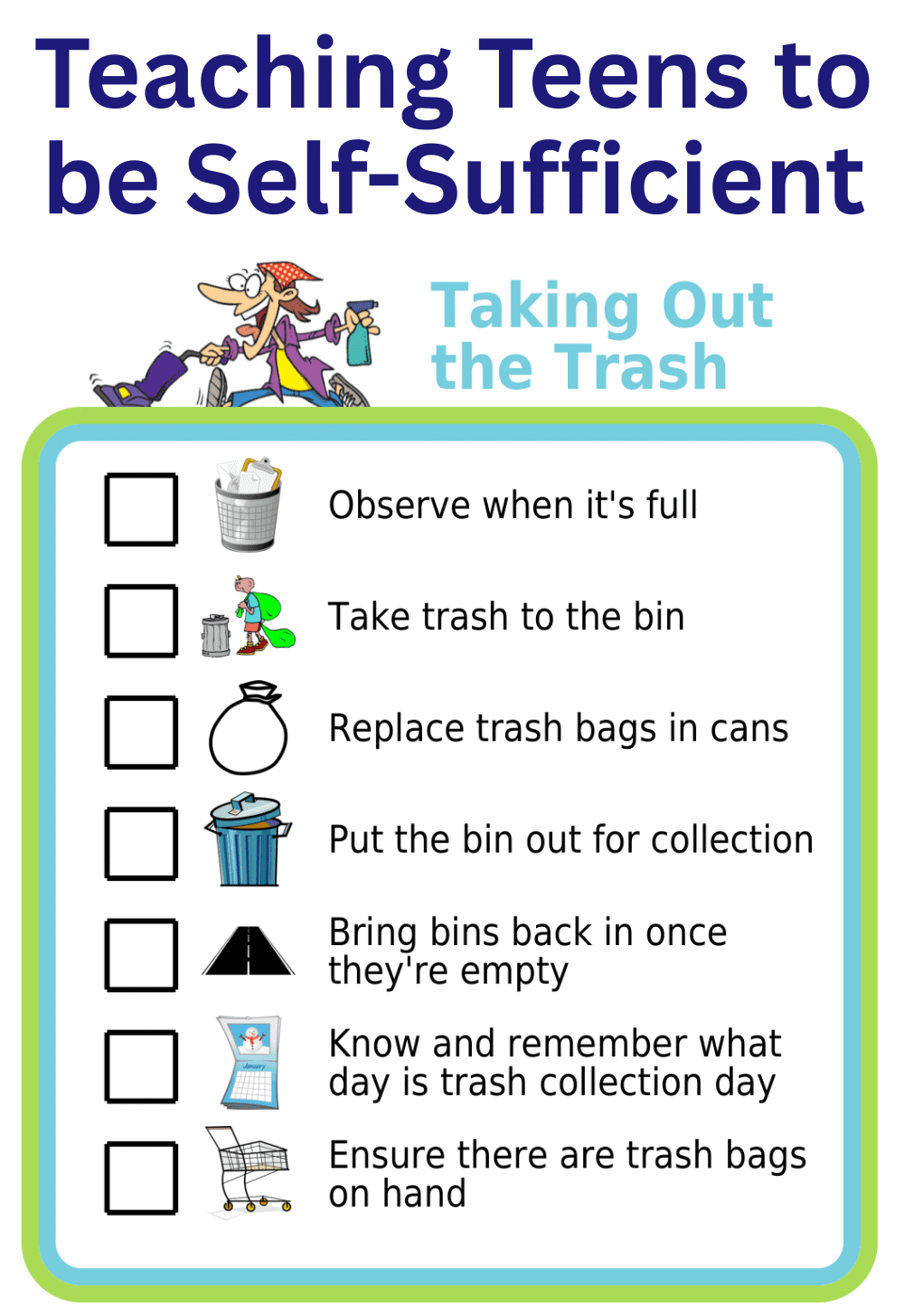 Picture checklist for how to teach kids to take out the trash INCLUDING the mental load
