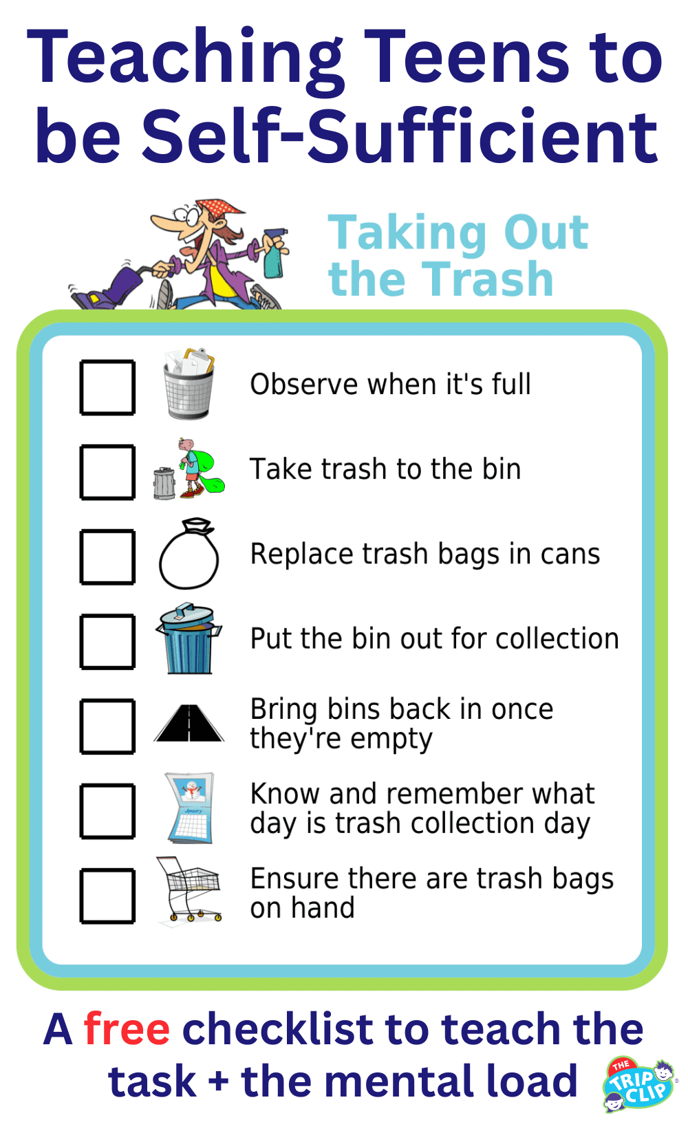 Picture checklist for how to teach kids to take out the trash INCLUDING the mental load