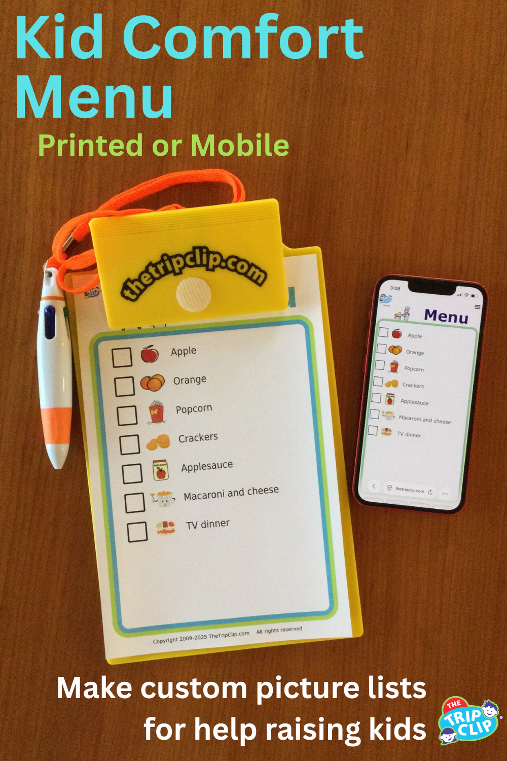 A picture list of comforting kid foods, shown on clipboard and iPhone