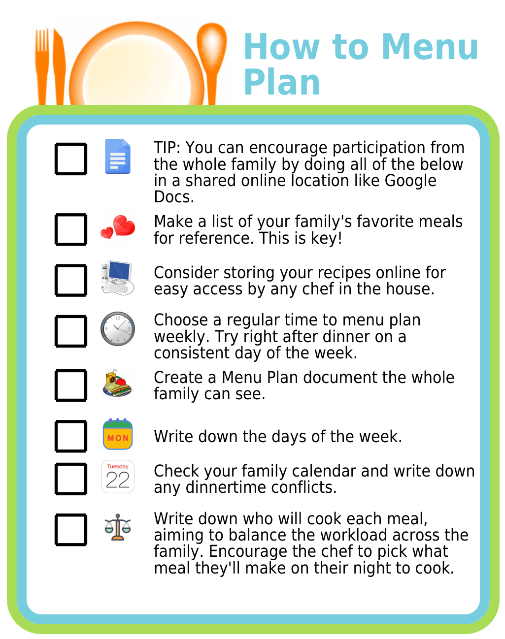 Picture checklist with steps for menu planning
