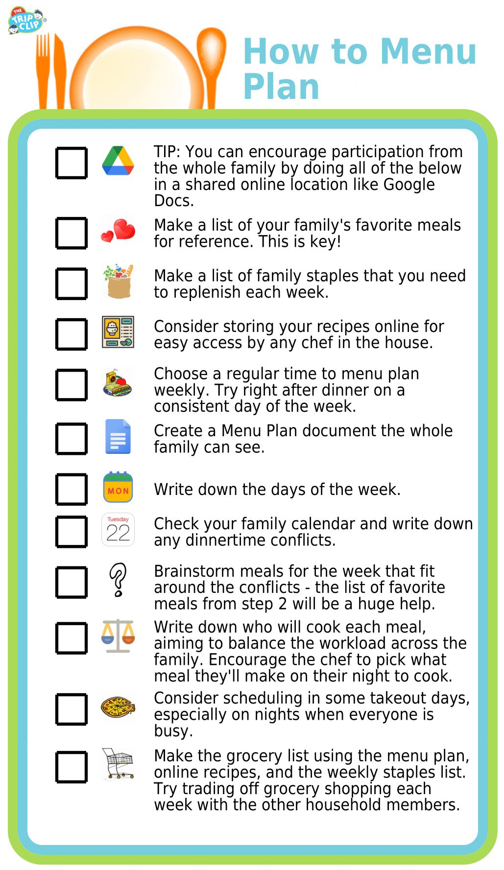 Picture checklist with steps for menu planning