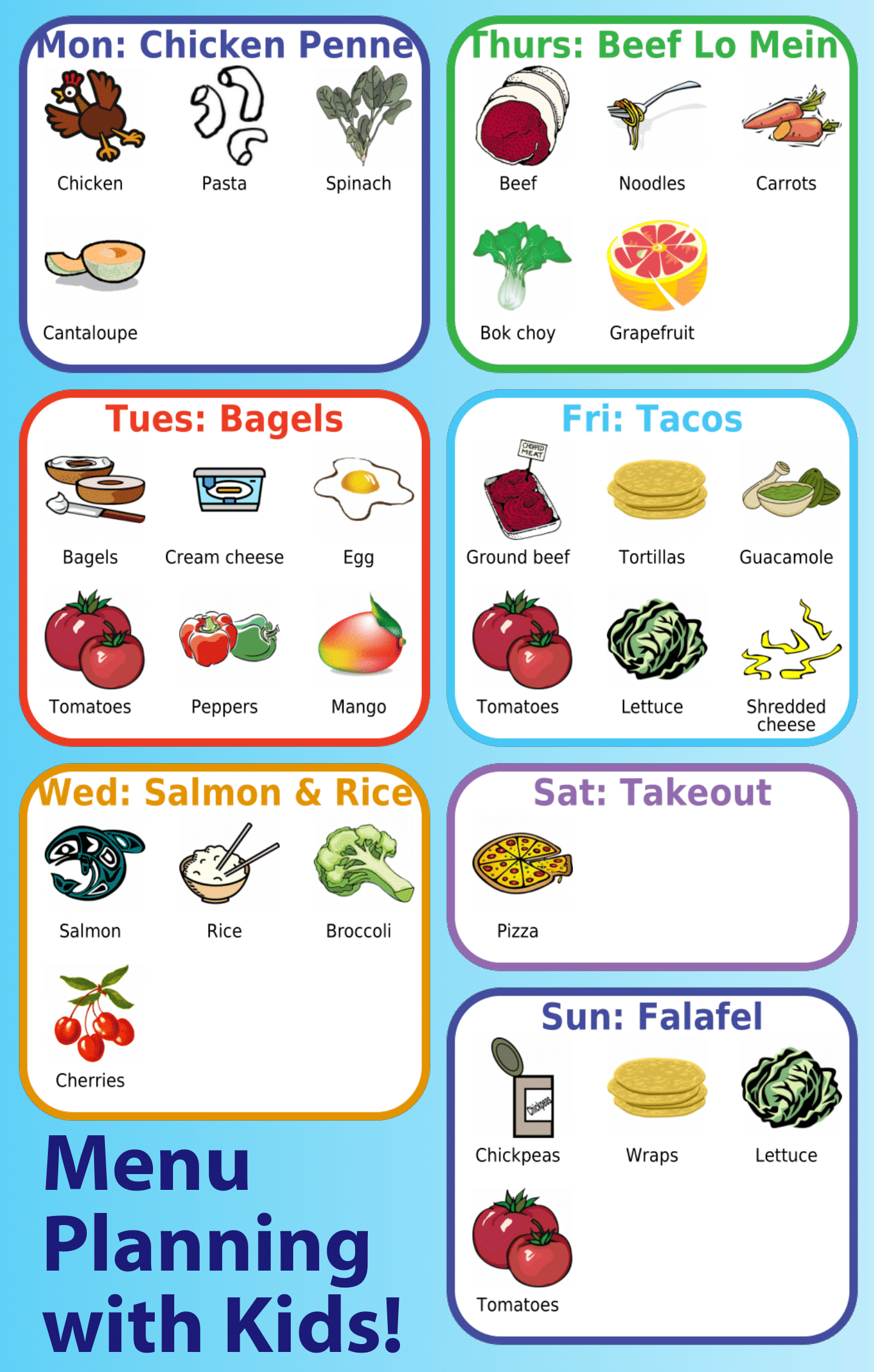 Picture checklist with 7 day menu plan