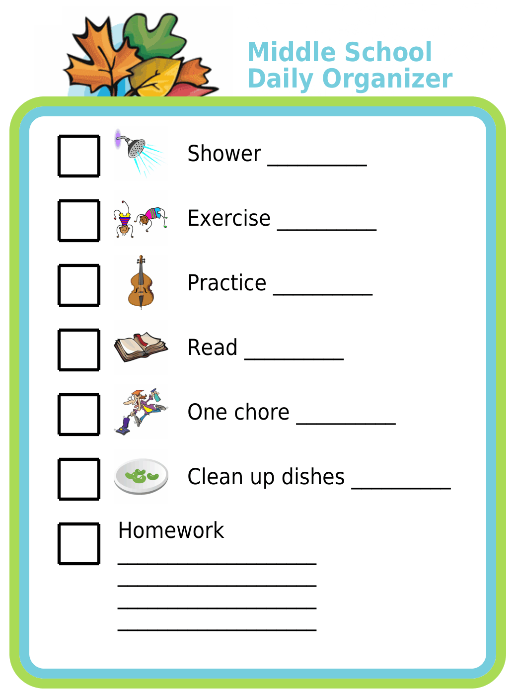 Picture checklist showing a Middle School Daily Organizer