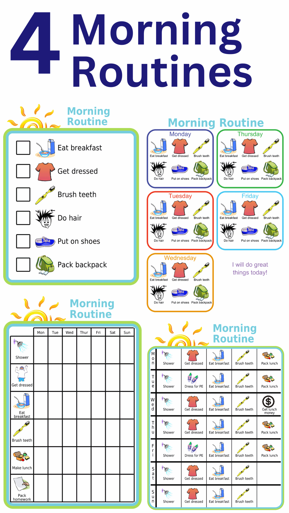 4 morning routine picture checklist options
