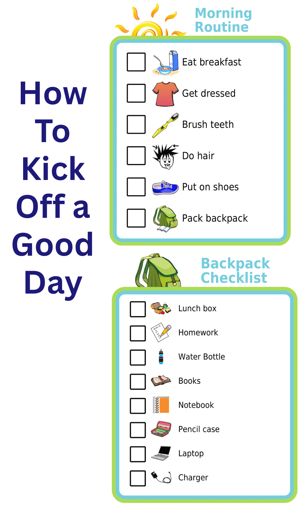 2 picture checklists: morning routine and backpack packing checklist
