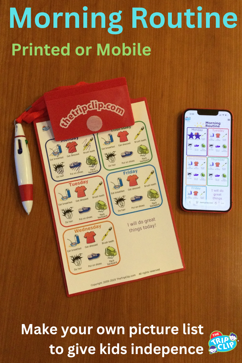 Morning routine picture checklist for kids, shown on a clipboard and an iPhone