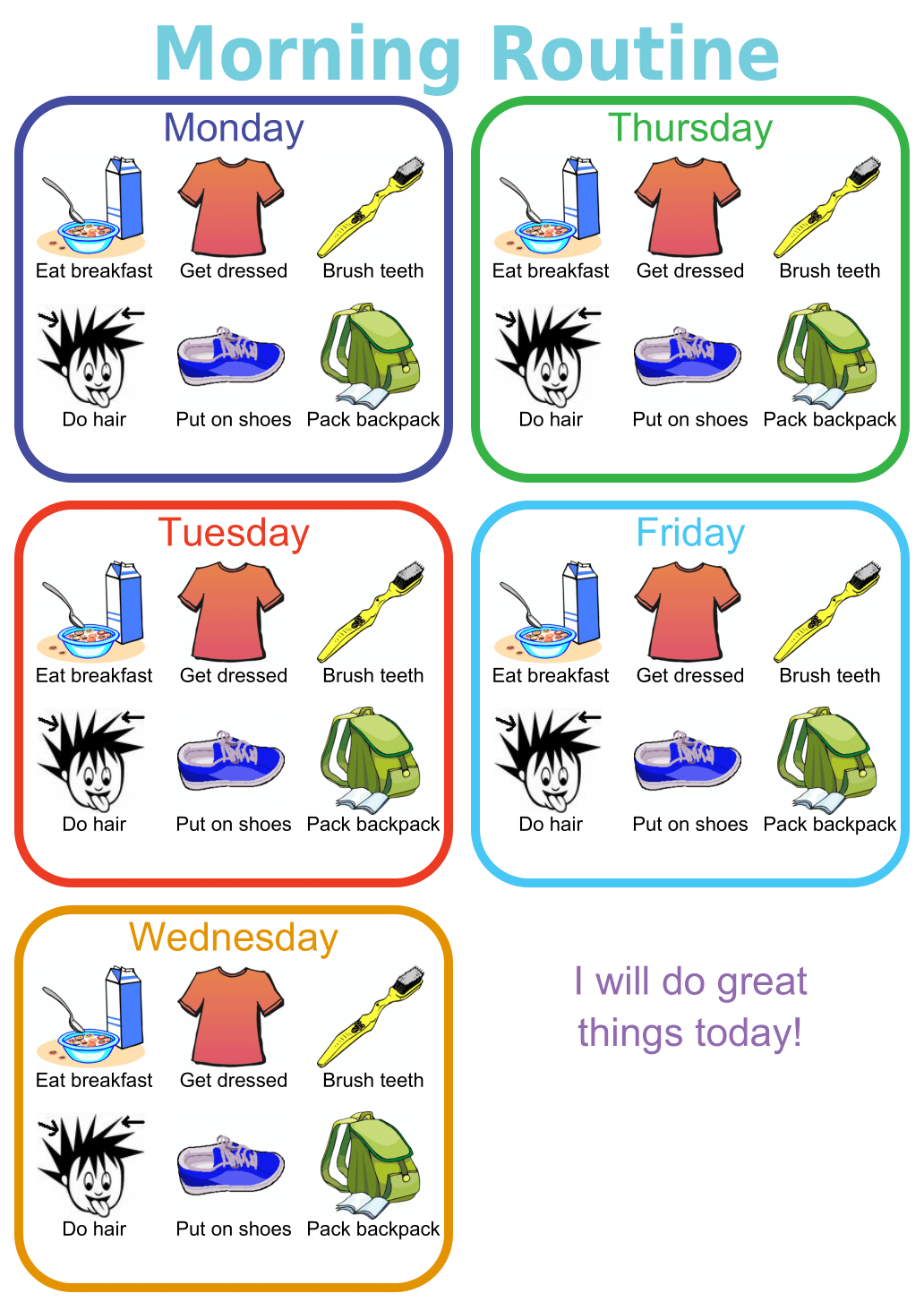Morning routine picture checklist for kids