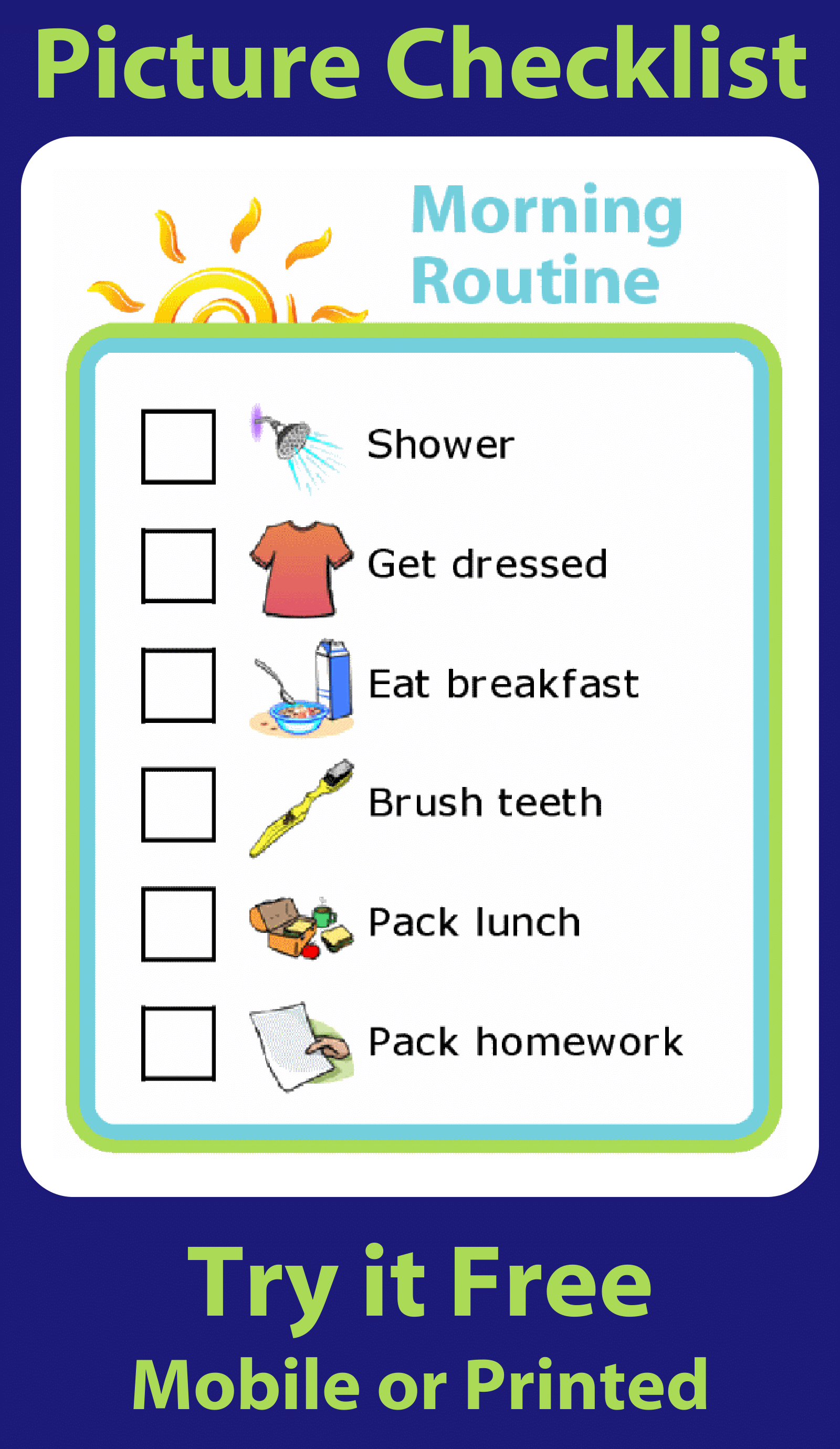 Morning routine picture checklist for kids