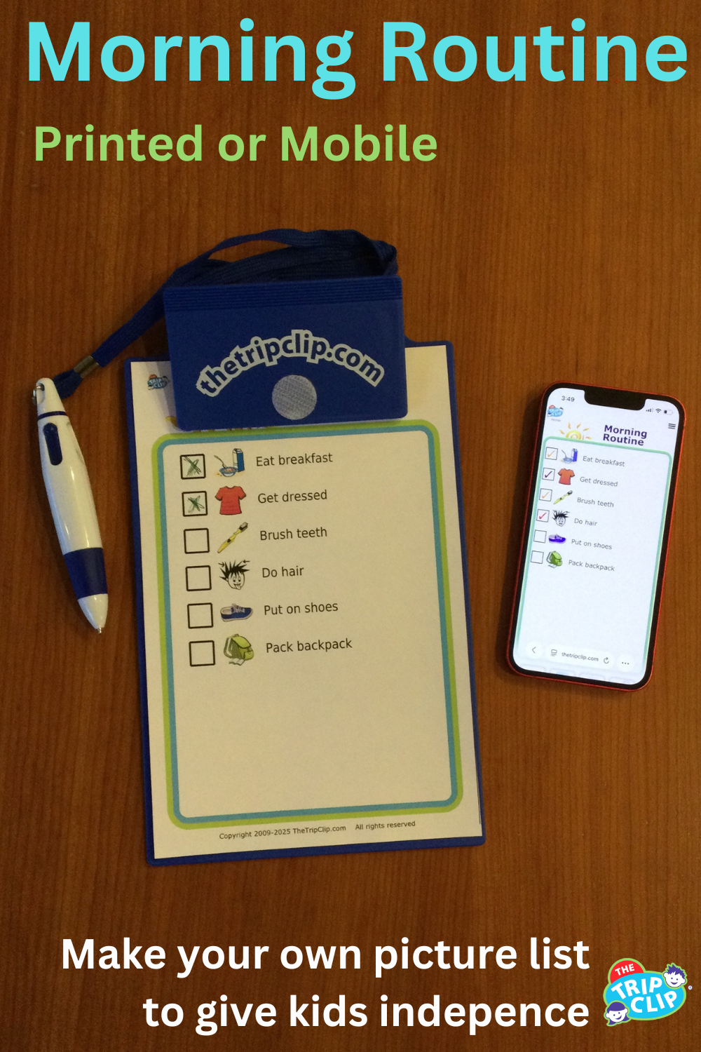 Morning routine picture checklist for kids shown on clipboard and phone