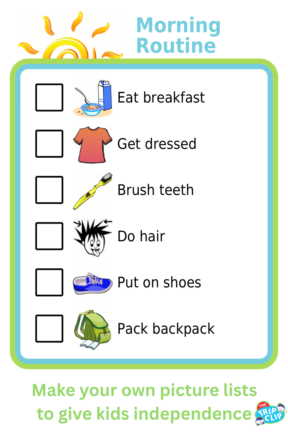 Morning routine picture checklist for kids