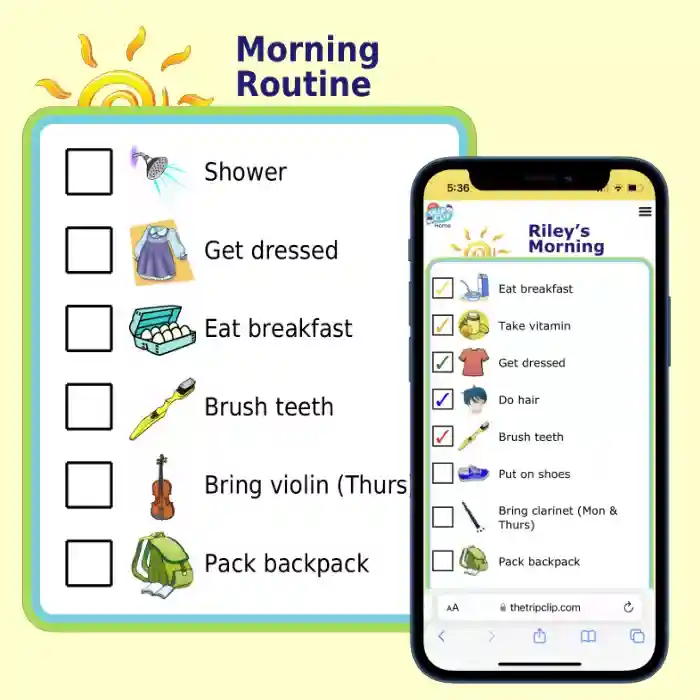 Printable picture morning checklist overlaid by picture list on iPhone