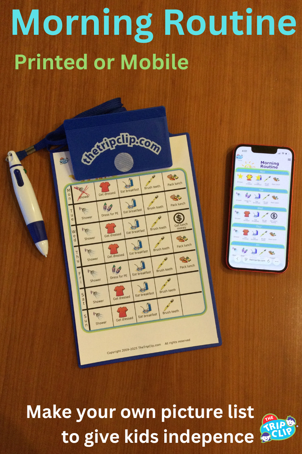 Morning routine weekly chart with pictures for kids