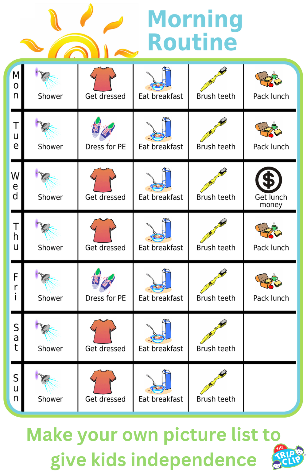 Morning routine weekly chart with pictures for kids