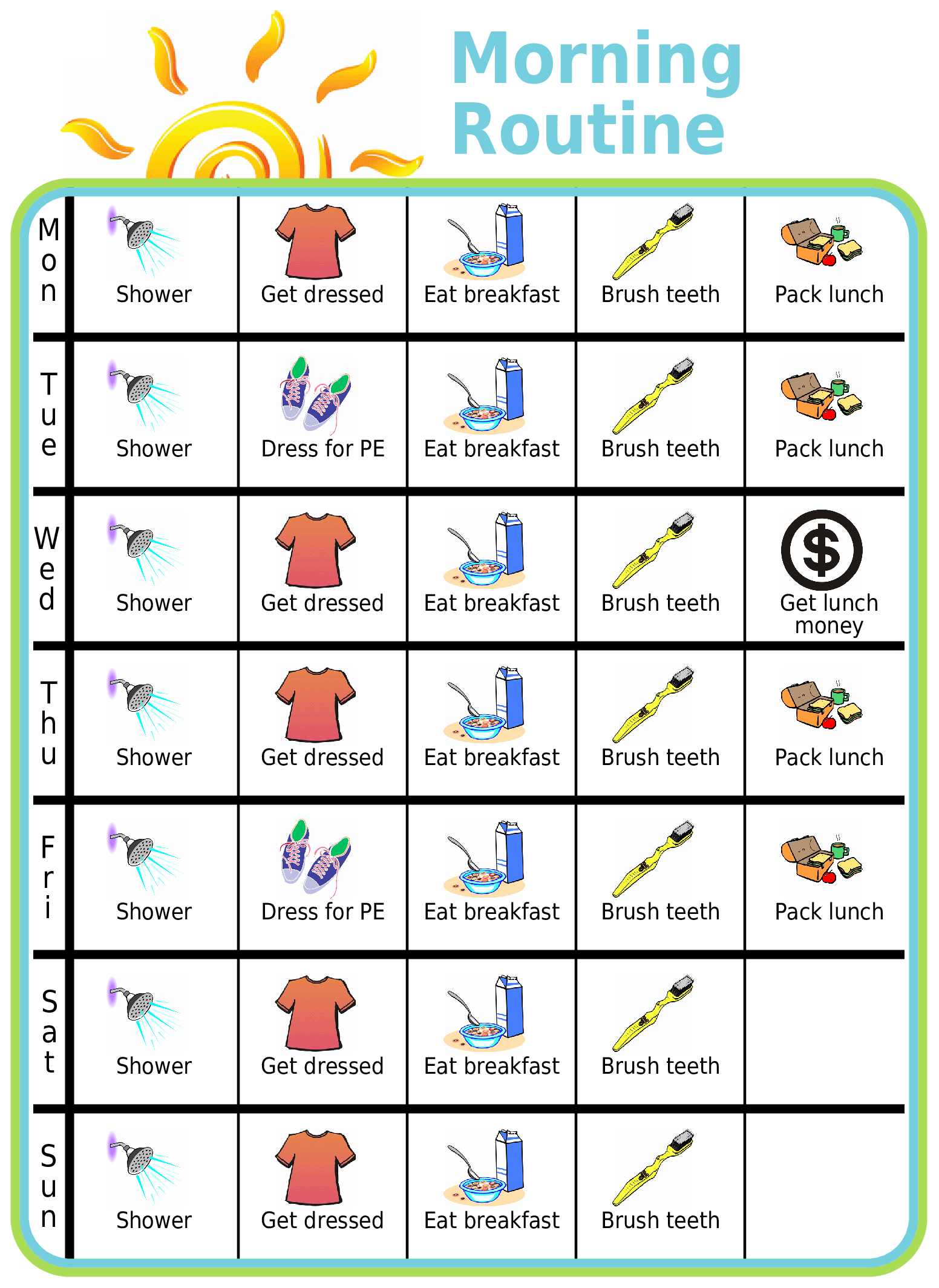 Morning routine weekly chart with pictures for kids